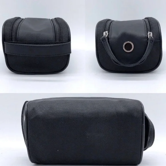 BVLGARI Black Herringbone Nylon/Leather Travel Case Cosmetic Bag Dopp Kit Italy - Picture 6 of 10